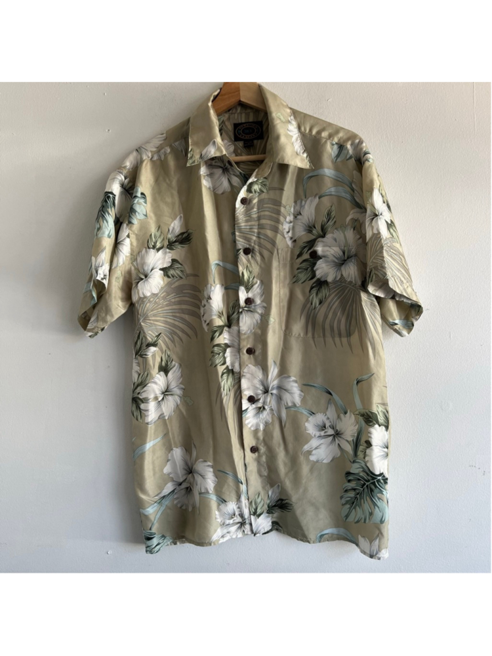 Men's Hawaiian Silk Company Casual Button Down Shirt S Beige White